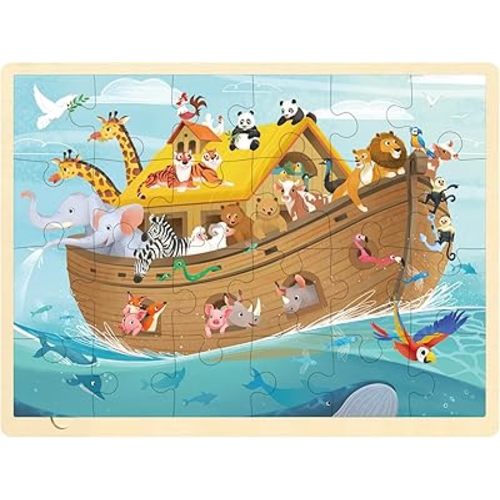24 Piece Puzzles for Kids 3 Year Old, Noah's Ark Religious Scene Puzzle, Wooden Jigsaw Puzzles for Toddlers Ages 3-5, Preschool Puzzles for 3 4 5 Year Old with Puzzle Tray