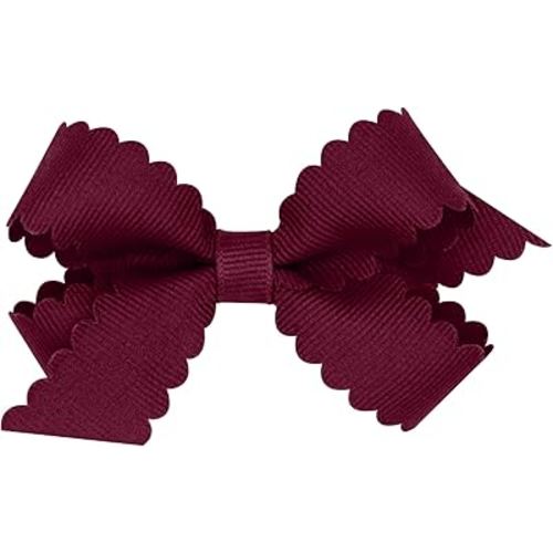 Wee Ones Girls' Classic Grosgrain Hair Bow with Scalloped Edges and Plain Wrap Center on a WeeStay Hair Clip, Mini, Burgundy