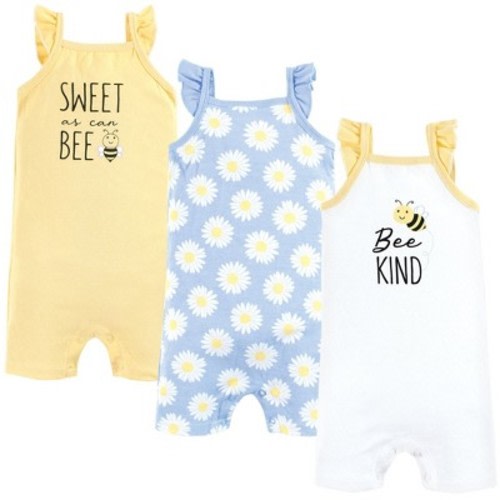 Hudson Baby Infant Girl Cotton Rompers, Bee Kind, 3-6 Months
