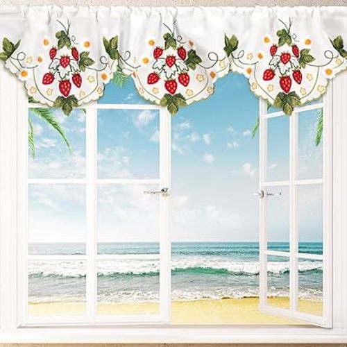 Embroidered Summer Strawberry Kitchen Curtains Valances 58 x 15 Inch Red Strawberry Window Treatment Valance Fruit Flower Leaf Curtain for Bedroom Bathroom Living Room Decor