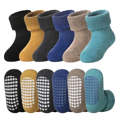 DoSmart Baby Toddler Non Slip Socks Infant Boys Girls Warm Thick Wool Ankle Crew Winter Socks with Grippers 6 Pairs