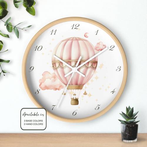Hot Air Balloon Wall Clock, 10" Dreamy Storybook Watercolor Hot Air Balloon, Nursery Decor, Children's Decor, Baby Shower Gift Birthday Gift