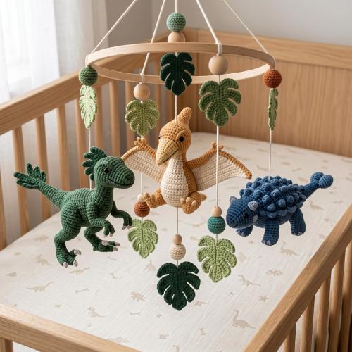 Crochet Dinosaur Nursery Mobile, Handmade Dino Baby Crib Mobile Decor, Triceratops Brontosaurus Stegosaurus, Baby Shower Gift