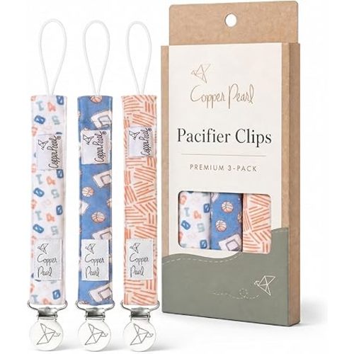 Copper Pearl 3-Pack Pacifier Holders: Premium Knit Binky Clips for Baby Girls and Boys - Stylish Stainless Steel Design for Secure No-Drop Attachment - Dunk