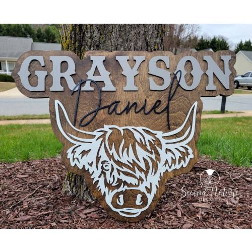 Bull Horns Baby Name Sign / Bull Boy Nursery Door Hanger / Wood Hospital Door Hanger / Western Sign / Round Name Baby Sign Boy Highland Cow