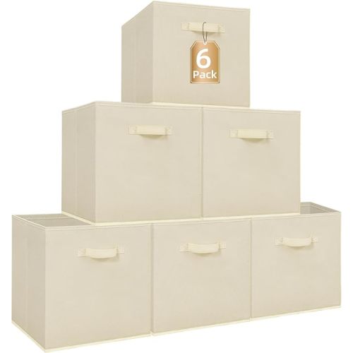 STORAGE MANIAC Storage Cubes, 13 Inch Collapsible Storage Bins with Handles, 6 Pack Fabric Foldable Bins for Organization, Durable Storage Bins for Closet, Shelves, Offices, 6-Pack Beige