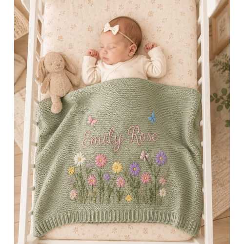 Custom Embroidered Name Blanket with Butterflies and Wildflowers for Newborn, Welcome Baby Blanket, Nursery Keepsake, Newborn Gift For Baby