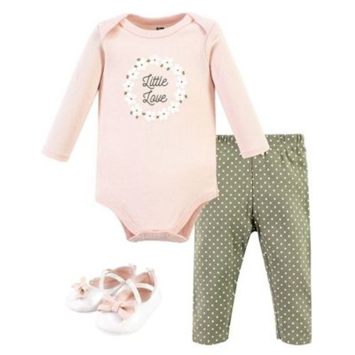 Hudson Baby Infant Girl Cotton Bodysuit, Pant and Shoe Set, Sage Floral Wreath Long Sleeve