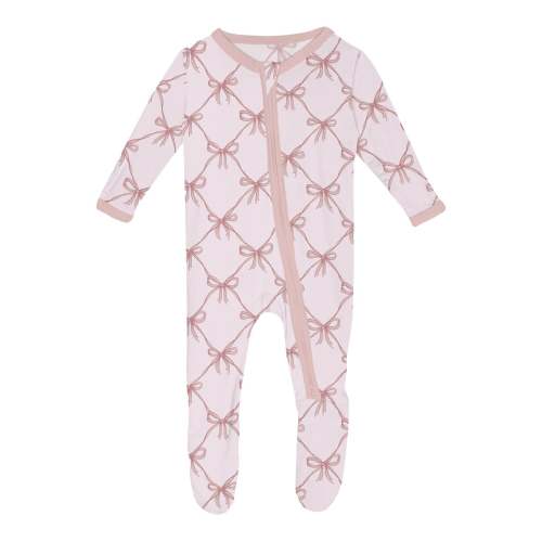 Print Footie with 2 Way Zipper in Shrinking Violet Bow Lattice