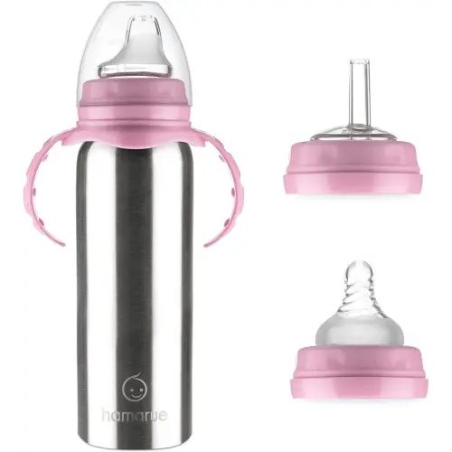 3-in-1 Stainless Steel Sippy Cups for Toddlers | Non-Toxic Insulated Stainless Steel Baby Bottle | Straw Cup With Removeable Handles | Plastic Free Liquid Transfer (8 oz Pink)