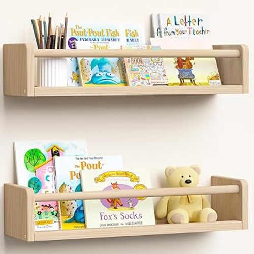 upsimples 2 Pack Nursery Book Shelves, 15.7 Inch Floating Bookshelves for Wall, Baby Nursery Decor, Small Solid Wood Wall Mounted Shelves for Baby Kids Boys Girls, Natural