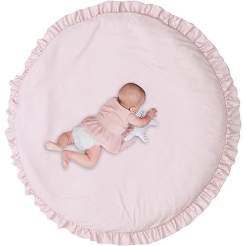 100cm Kids Round Ruffled Baby Play Mats Pink Baby Mats for Playing Tummy Time, Cotton Filling, Zippered Baby Floor Mat, Soft Cotton Crawling Pad Kids Game Mat Kids Room Decor