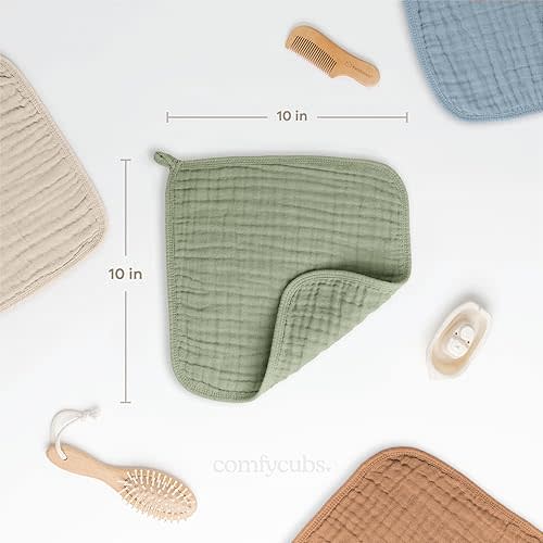 Comfy Cubs Muslin Baby Washcloths 10 Pack - Soft 6-Layer Cotton Wash Cloths for Sensitive Skin - 10"x10" Large, Gentle, Absorbent Infant Essentials for Newborn and Toddlers - Multi Boy