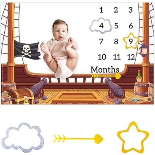 CSFOTO Pirate Ship Sailing Baby Monthly Milestone Blanket Pirate Theme Photography Background for Newborn Baby Shower Baby Boy Growth Record Prop, 60"x40" with Frame