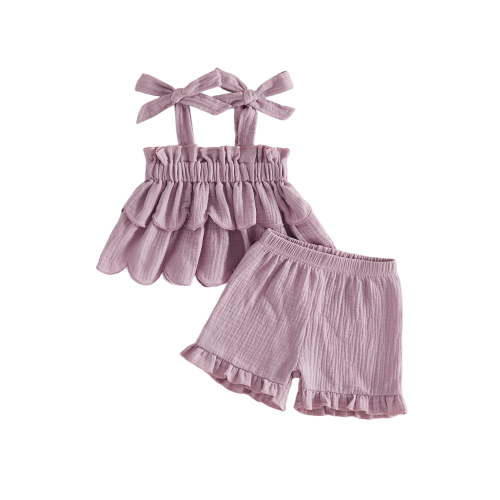 Loicainy Baby Toddler Girls Summer Outfits 6 12 18 24 Months 2T 3T 4T Solid Color Sleeveless Tiered Tops Ruffle Trim Shorts Clothes Sets