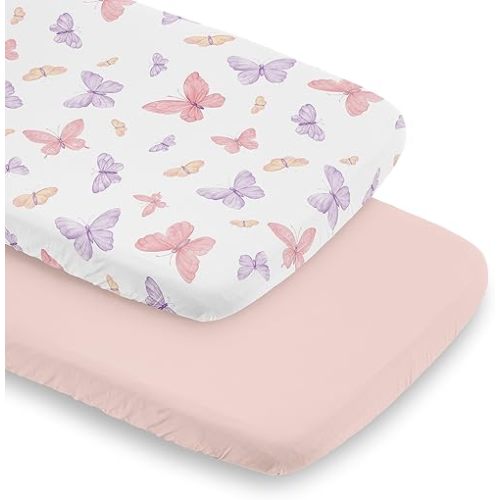 Sweet Jojo Designs 2-Piece Baby Bassinet Sheets Set (Pink/Purple Shabby Chic Butterfly) for Girls, Infant Newborn Nursery, Oval, Rectangle & Hourglass Mattress (Blush, Colorful, Pastel, Watercolor)