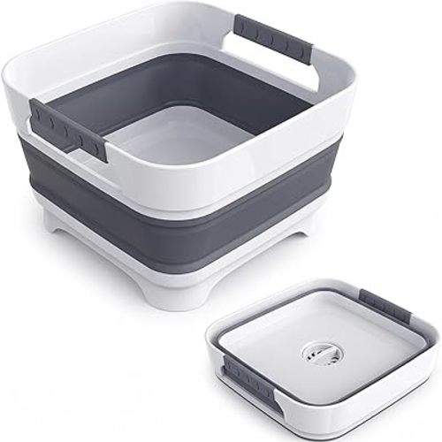 Collapsible Dish Basin with Drain Plug, 2.4 Gal 9L Foldable Wash Basin, Portable Sink Tub for Kitchen, Baby Bottles, Camping, RV, Vegetable Washing and Beverage Tub, Gray