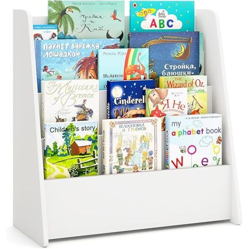 Costzon 4-Tier Kids Bookshelf, Front Facing Children Bookcase with Deep Compartments, Magazine Storage Rack for Kids Bedroom, Playroom, Nursery, Classroom, Kindergarten (White)