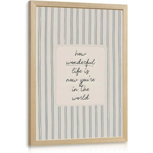 Baby Nursery Quote Wall Art, How Wonderful Life Is Now You're in the World Wall Decor, Blue Stripe 12x16 Inch