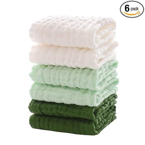 MUKIN Baby Washcloths - Soft Face Cloths for Newborn, Absorbent Bath Face Towels, Baby Wipes, Burp Cloths or Face Towels, Baby Registry as Shower. Pack of 6-12x12 inches (Green)