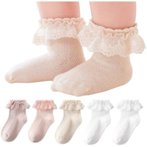 EPEIUS Baby Lace Socks Newborn Girl Eyelet Ruffle Frilly Socks Soft Breathable Seamless Cotton Sox 0-6/6-12/12-24 Months