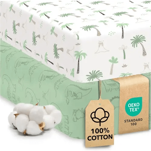 Cotton Crib Sheets 2 Pack – Sweety Fox Mini Fitted Sheets for Baby Boys and Girls, Soft Jersey Knit for Crib or Toddler Bed, Dinosaur Print
