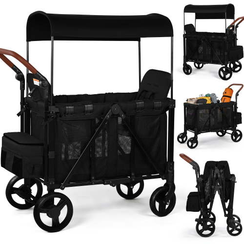 Vomeast Wagon Stroller for 2 Kids, 3-in-1 Design, Canopy, 5-Point Harness, Black