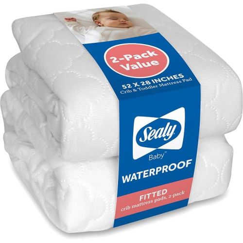 Sealy Baby Crib Mattress Protector - 2-PACK, Fitted Waterproof Infant Crib Mattress Pad and Toddler Bed Cover, Machine Washable and Easy to Clean, 52x28