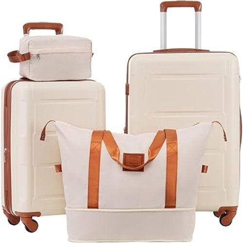 2 Piece Luggage Sets with Bags, Lightweight Expanable Carry on Luggage Sets, Hardshell ABS Spinner Wheels Suitcase with TSA Lock, for Women Men, 20 IN & 24 IN (Khaki+Brown, (20/24)inch+2 bags)