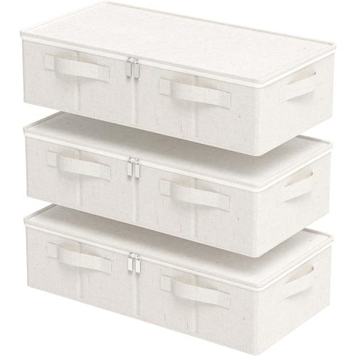 Underbed Storage Basket with PP Panel,23.6x11.8x5.9in,Beige,3 Pack | Storage Boxes with Double Zippers,Reinforced Grips Wardrobe Organisers,Washable Under Bed Bins for Blankets and Sweaters