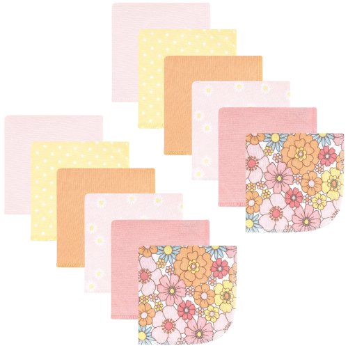 Hudson Baby Infant Girl Flannel Cotton Washcloths, Peace Love Flowers 12 Pack, One Size - Peace Love Flowers 12 Pack - One Size
