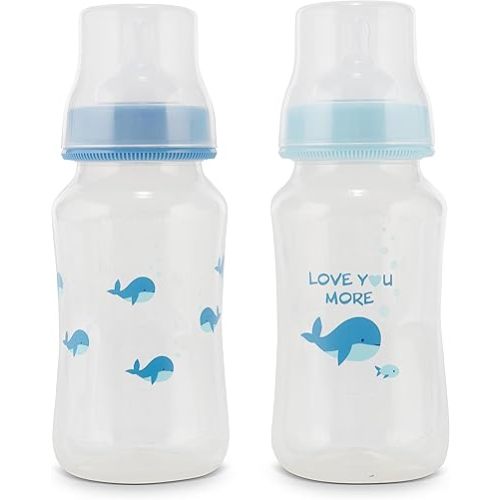 Premium 2-Pack Baby Bottles - 11 Ounce, Hourglass Shape, Fun Boys and Girls Prints, Clear Cover - BPA-Free