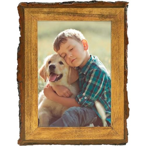 Golden State Art, 5x7 Picture Frame Rustic Brown, Solid Wood Picture Frame with Bark Edges & Real Glass Cover, Display Posters/Photos/Prints 5x7 for Wall Mounting, Farmhouse Decor