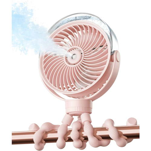 Misting Stroller Fan – Portable Baby Fan with Spray Cooling, 4 Speeds, Quiet Rechargeable Fans for Travel, Outdoor, Golf Cart, Car Seat, Beach (Pink)