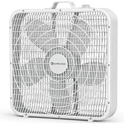 COMFORT ZONE Box Fan with Carry Handle, 20 inch, 3 Speed Full-Force Air Circulation Window Fan, Bedroom Floor Fan with 5 Blades, White Noise Cooling Fan, White