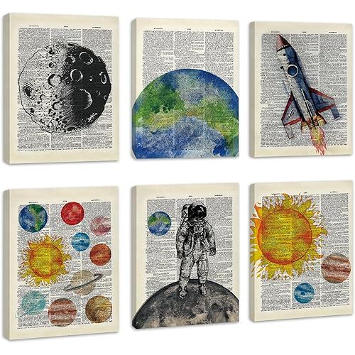 CHDITB Space Exploration Canvas Wall Art, Solar System Wall Decor, Set Of 6 Dictionary Outer Space Poster With Frame Astronaut Wall Art Space Art Prints For Kids Room Nursery Decor (8x10 Inches)