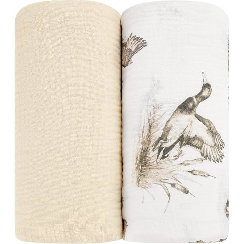 Muslin Swaddle Blankets for Girls Boys 2 Pack, Mallard Duck & Green | 100% Cotton Receiving Baby Blanket 40" X 38" Soft Breathable Swaddling Wrap for Unisex Newborn