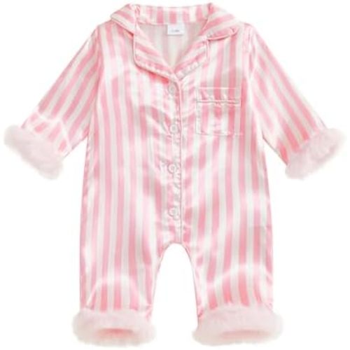Babieshouse Baby Girl Silk Satin Pajamas Striped Bow Feather Trim Button Down Romper One Piece Jumpsuit Newborn Pjs Sleepwear