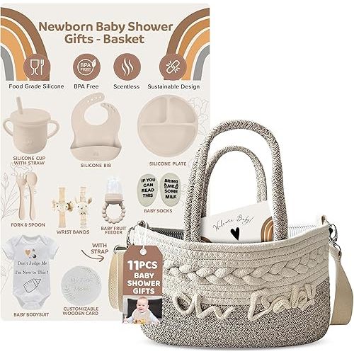 Kiddibodi Baby Gift Set | 11 Piece Gender Neutral Newborn Gift Basket for Boys & Girls – Baby Essentials with Plate, Bib, Spoon, Cup, Feeder, Outfit, Rattles & Storage Bag