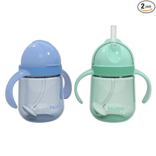 Nuby No-Spill Clik-it Silicone Straw Toddler Cup - (2 Pack) 8 oz - 360 Weighted Straw Toddler Sippy Cup for 1+ Year Old - Blue/Mint Green