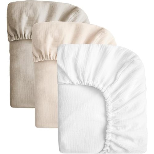 SOULFUL Muslin Crib Sheets for Boys Girls, 2 Pack Soft and Breathable Cotton Fitted Crib Sheets for Standard Crib Mattress (28"x 52", White & Beige & Light Tan)