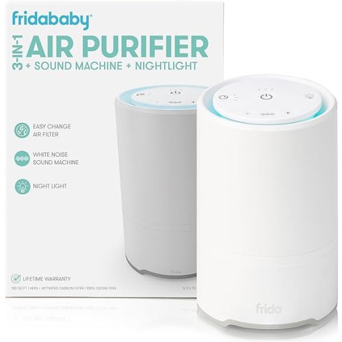 Frida Baby 3-in-1 Baby Air Purifier for Allergy Relief, Sound Machine for Sleeping + Nightlight, HEPA Filter Purifier for Bedroom with 3 Fan Speeds, Easy-Change Filter, Auto-Off Timer