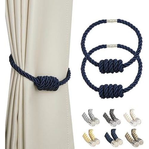 BEL AVENIR Magnetic Curtain Tiebacks, Decorative Drapery Holdbacks Modern Woven Tie-Backs with Exquisite Knot (Navy, 2 Pack)