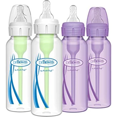 Dr. Brown’s Natural Flow® Anti-Colic Options+™ Narrow Baby Bottles, 8 oz/250ml, with Level 1 Slow Flow Nipple, 4 Pack, Purple/Clear