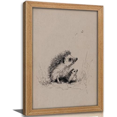 guajunsanh Framed Hedgehog Sketch Wall Art, Vintage Hedgehog Drawing Print
