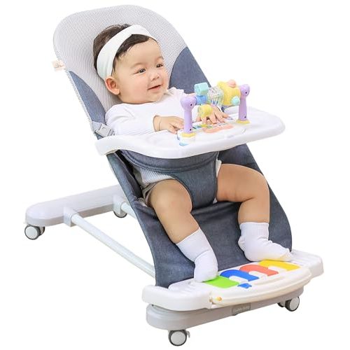 CuddoBaby Baby Bouncer 4-IN-1, Portable Bouncer Seat with Removable Wheels, 3-Level Incline for Infant to Toddler up to 29Lbs, 0-24 months, with Detachable Piano, Feeding Tray, Play Bar. Unisex - Blue