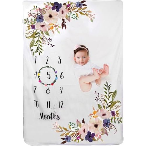 Baby Monthly Milestone Blanket for Boy Girl Soft Floral Memory Blanket Newborn Growth Chart Milestone Cute Photo Background with Wreath (51x40In)