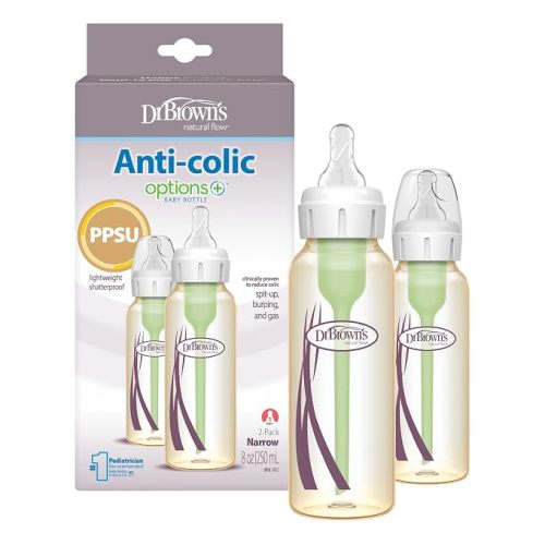 Dr. Brown's Anti-Colic Options+ Narrow PPSU Baby Bottle with Level 1 Slow Flow Nipples, Durable and Lightweight, BPA Free, 8 oz/250 ml, 2-Pack