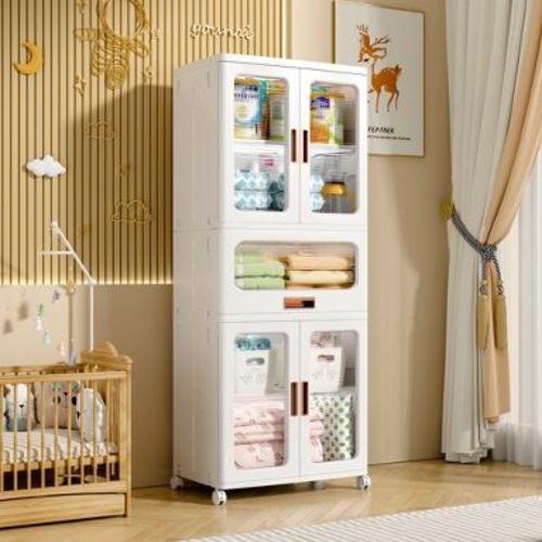 VECELO Stackable Storage Bins with Adjustable Shelves & Lockable Wheels, Storage Cabinet Home Organizer with Drawers & Doors, White