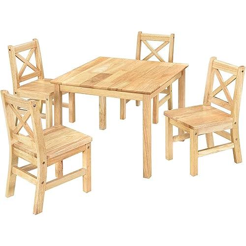 eHemco Solid Hard Wood Kids Table and Chair Set (4 Chairs Included), Natural, 5 Piece Set